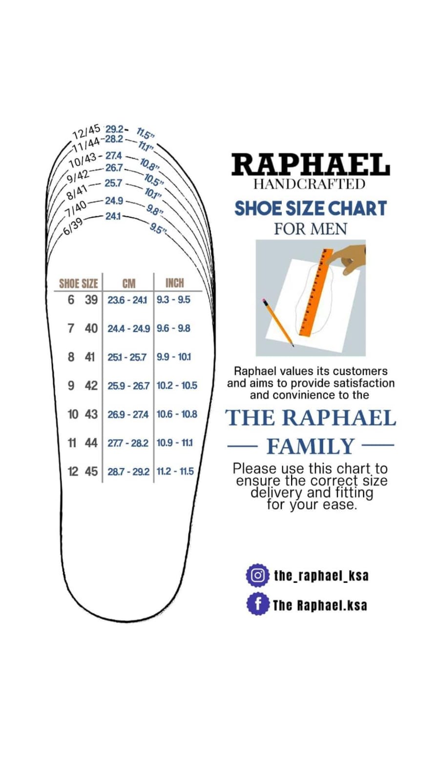 Raphael men shoe size chart